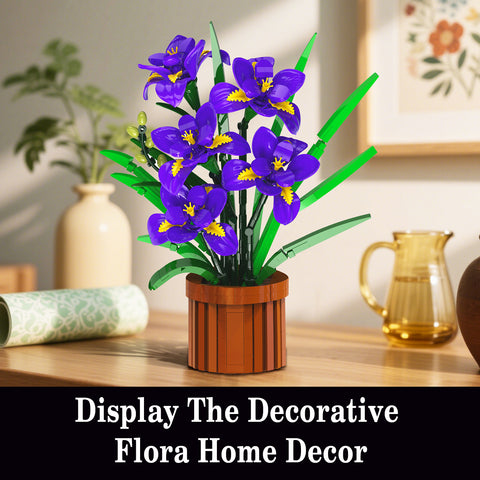 CUBIMANA Flowers Botanicals Iris Building Set - Artificial Purple Bonsai Plant for Home Office Décor, 808PCS