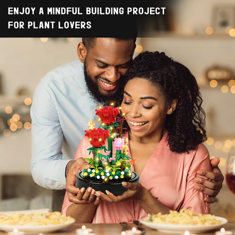 HOGOKIDS Flower Bouquet Building Kit with LED Lighting Rose Sets with Cover Botanical Building Blocks- 596 PCS(Red Roses)