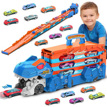 Dinosaur-devouring container truck - blue and orange color scheme