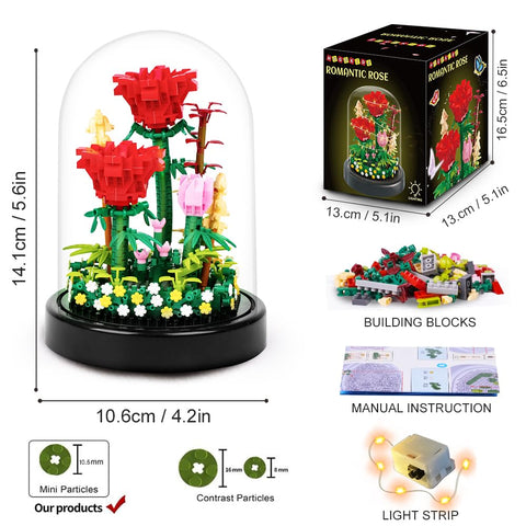 HOGOKIDS Flower Bouquet Building Kit with LED Lighting Rose Sets with Cover Botanical Building Blocks- 596 PCS(Red Roses)