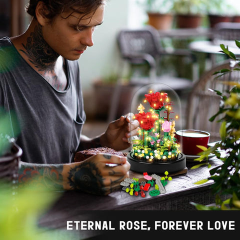 HOGOKIDS Flower Bouquet Building Kit with LED Lighting Rose Sets with Cover Botanical Building Blocks- 596 PCS(Red Roses)