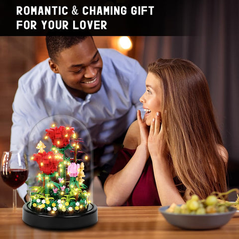 HOGOKIDS Flower Bouquet Building Kit with LED Lighting Rose Sets with Cover Botanical Building Blocks- 596 PCS(Red Roses)