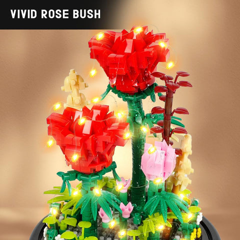 HOGOKIDS Flower Bouquet Building Kit with LED Lighting Rose Sets with Cover Botanical Building Blocks- 596 PCS(Red Roses)