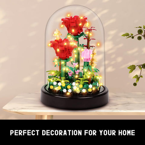 HOGOKIDS Flower Bouquet Building Kit with LED Lighting Rose Sets with Cover Botanical Building Blocks- 596 PCS(Red Roses)