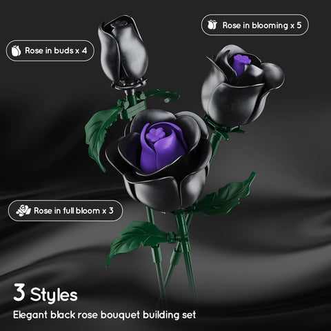 Flowers Bouquet Building Set - 15 Halloween Black Roses Botanical Collection Building Blocks Artificial Flower 330PCS Gothic Home Decor Christmas Birthday Gift for Adults Kids Girls Age 8+