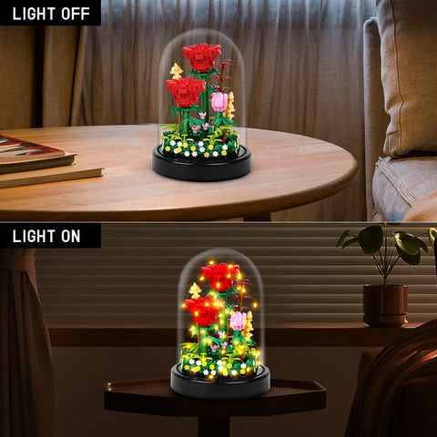 HOGOKIDS Flower Bouquet Building Kit with LED Lighting Rose Sets with Cover Botanical Building Blocks- 596 PCS(Red Roses)