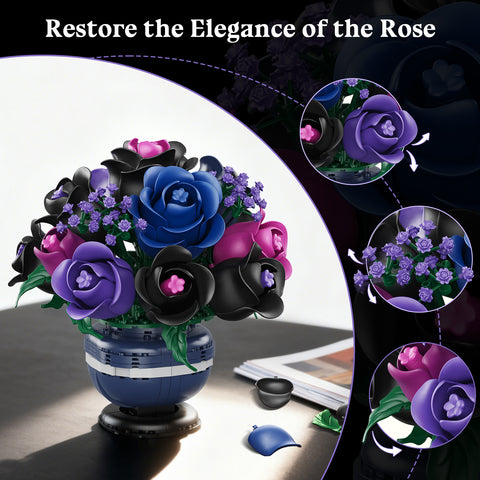 Flowers Botanicals Building Set - Artificial Purple Black Rose Bonsai Plant for Home Decor, 507PCS Artificial Flowers Building Set Indoor Gothic Decoration