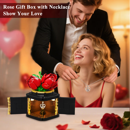 HOGOKIDS Flower Box Building Set with LED Light & Necklace, Preserved Roses with Heart Necklace I Love You Gift(312 PCS)