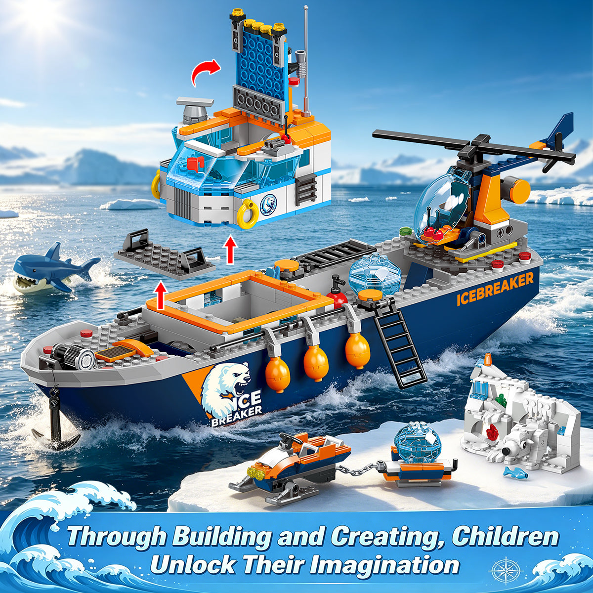 Arctic Icebreaker Ship Building Blocks Set with Helicopter, Boat & Polar Bear