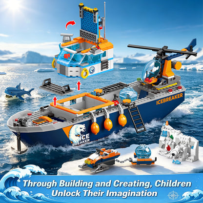 Arctic Icebreaker Ship Building Blocks Set with Helicopter, Boat & Polar Bear
