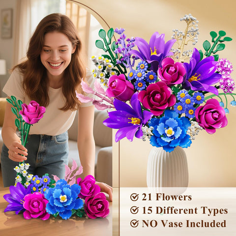 Valentines Flowers Bouquet Building Set with LED Light, 21 Flower Botanical Collection Block Toy, Rose Lily Home Plant Decor 1054PCS, 12+ (Purple)