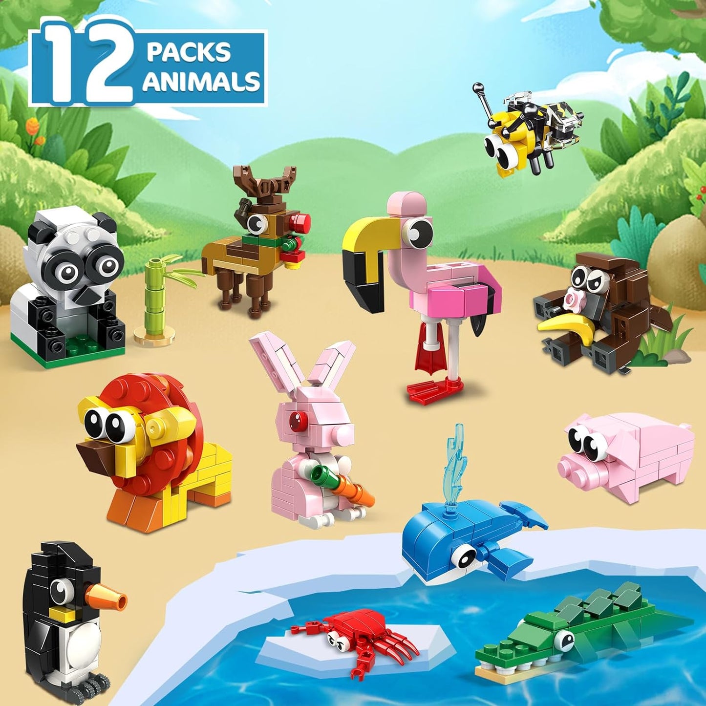 12 Pack Animals Building Blocks Sets for Valentines Day Gifts Party Favors Goodie Bags Classroom Prizes Fillers Stocking Stuffers Birthday Easter Gifts for Boys Girls
