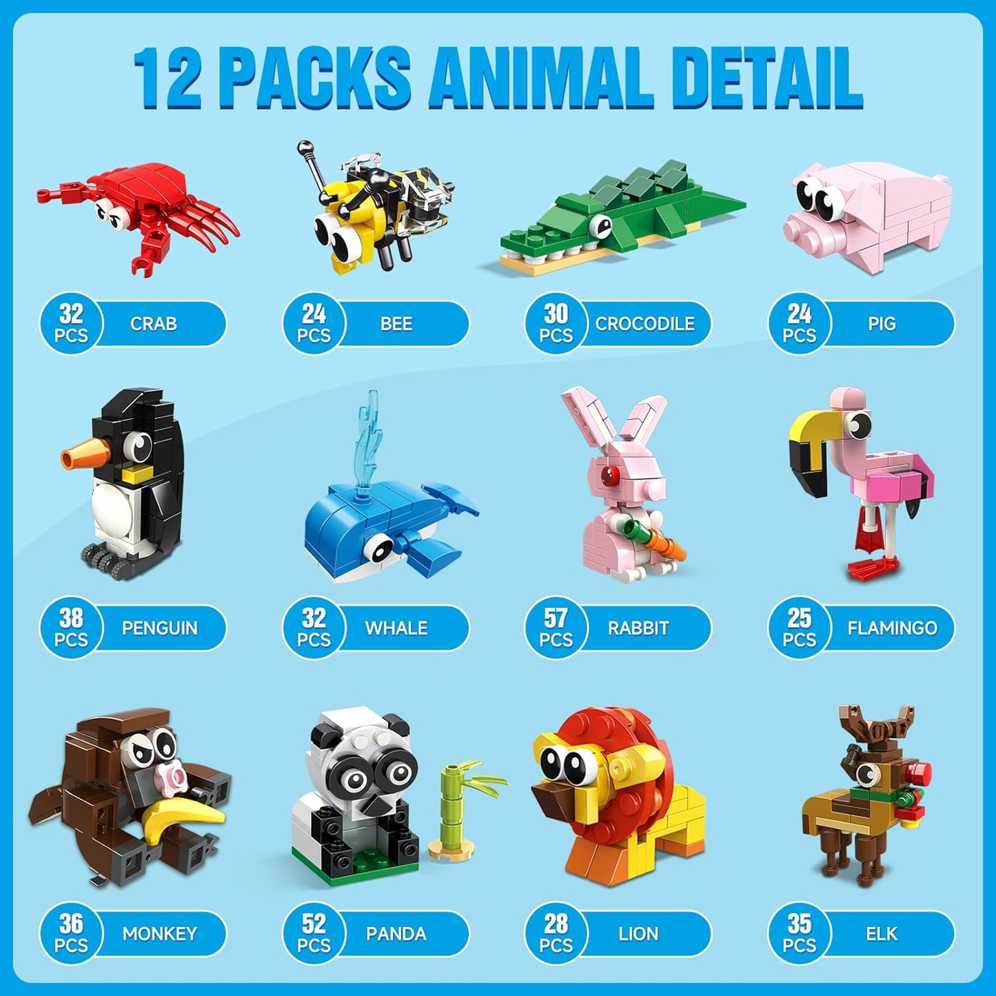 12 Pack Animals Building Blocks Sets for Valentines Day Gifts Party Favors Goodie Bags Classroom Prizes Fillers Stocking Stuffers Birthday Easter Gifts for Boys Girls
