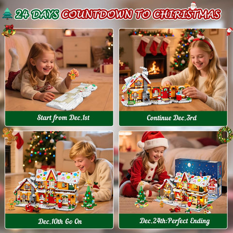 HOGOKIDS 2025 Advent Calendar Gingerbread House Mini Building Set with Light, 24 Days Countdown 3 Style Christmas Village Blocks Toy with Xmas Tree,Ages 10+