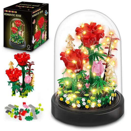 HOGOKIDS Flower Bouquet Building Kit with LED Lighting Rose Sets with Cover Botanical Building Blocks- 596 PCS(Red Roses)