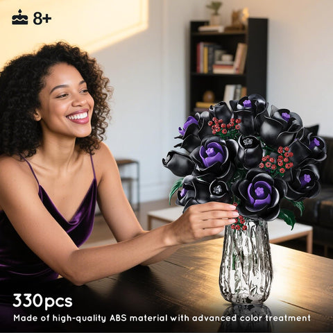 Flowers Bouquet Building Set - 15 Halloween Black Roses Botanical Collection Building Blocks Artificial Flower 330PCS Gothic Home Decor Christmas Birthday Gift for Adults Kids Girls Age 8+