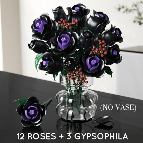 Flowers Bouquet Building Set - 15 Halloween Black Roses Botanical Collection Building Blocks Artificial Flower 330PCS Gothic Home Decor Christmas Birthday Gift for Adults Kids Girls Age 8+
