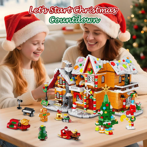HOGOKIDS 2025 Advent Calendar Gingerbread House Mini Building Set with Light, 24 Days Countdown 3 Style Christmas Village Blocks Toy with Xmas Tree,Ages 10+