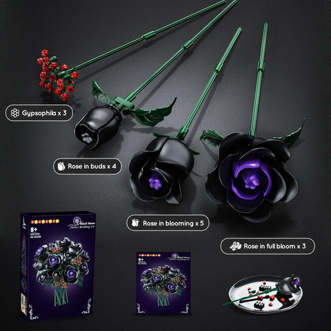 Flowers Bouquet Building Set - 15 Halloween Black Roses Botanical Collection Building Blocks Artificial Flower 330PCS Gothic Home Decor Christmas Birthday Gift for Adults Kids Girls Age 8+