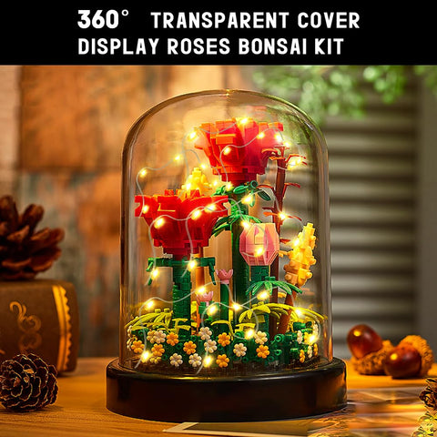HOGOKIDS Flower Bouquet Building Kit with LED Lighting Rose Sets with Cover Botanical Building Blocks- 596 PCS(Red Roses)