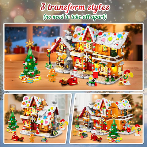 HOGOKIDS 2025 Advent Calendar Gingerbread House Mini Building Set with Light, 24 Days Countdown 3 Style Christmas Village Blocks Toy with Xmas Tree,Ages 10+