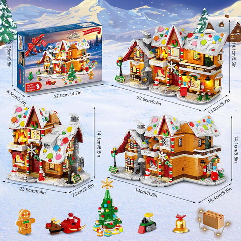 HOGOKIDS 2025 Advent Calendar Gingerbread House Mini Building Set with Light, 24 Days Countdown 3 Style Christmas Village Blocks Toy with Xmas Tree,Ages 10+