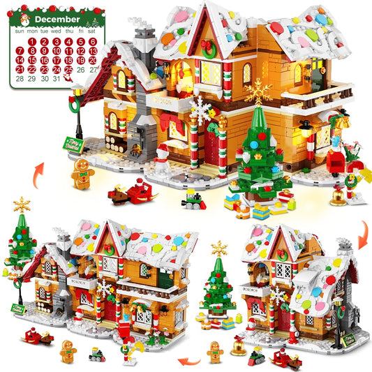 HOGOKIDS 2025 Advent Calendar Gingerbread House Mini Building Set with Light, 24 Days Countdown 3 Style Christmas Village Blocks Toy with Xmas Tree,Ages 10+