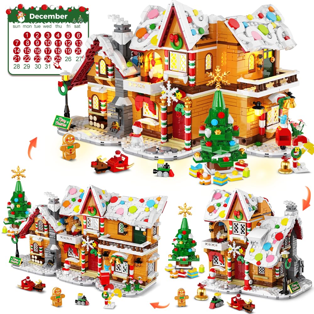 HOGOKIDS 2025 Advent Calendar Gingerbread House Mini Building Set with Light, 24 Days Countdown 3 Style Christmas Village Blocks Toy with Xmas Tree,Ages 10+
