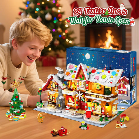 HOGOKIDS 2025 Advent Calendar Gingerbread House Mini Building Set with Light, 24 Days Countdown 3 Style Christmas Village Blocks Toy with Xmas Tree,Ages 10+
