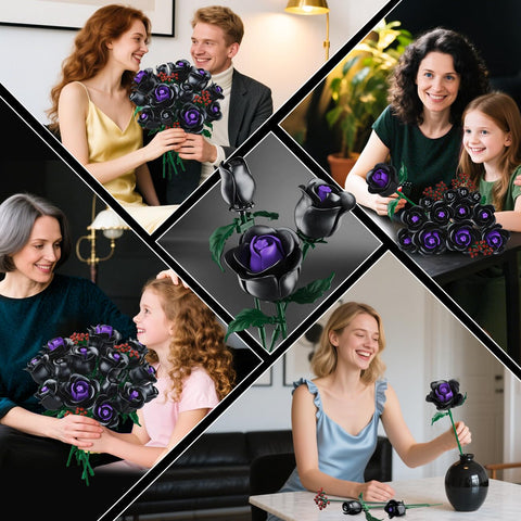 Flowers Bouquet Building Set - 15 Halloween Black Roses Botanical Collection Building Blocks Artificial Flower 330PCS Gothic Home Decor Christmas Birthday Gift for Adults Kids Girls Age 8+