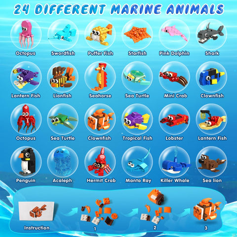 24 Pack Party Favors for Kids Building Set - 629PCS Marine Animals Building Blocks Toy for Goodie Bag Stuffers Classroom Prizes, Ages 6-12
