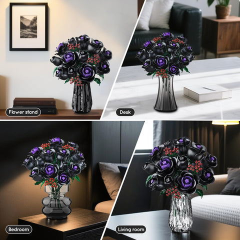 Flowers Bouquet Building Set - 15 Halloween Black Roses Botanical Collection Building Blocks Artificial Flower 330PCS Gothic Home Decor Christmas Birthday Gift for Adults Kids Girls Age 8+