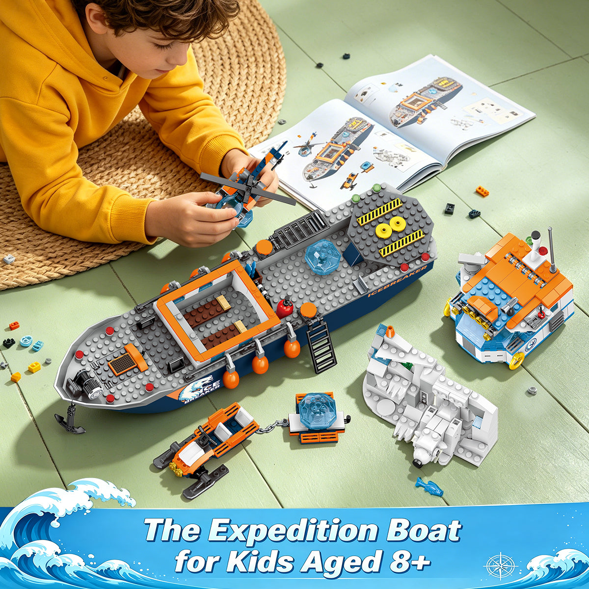 Arctic Icebreaker Ship Building Blocks Set with Helicopter, Boat & Polar Bear