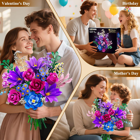 Valentines Flowers Bouquet Building Set with LED Light, 21 Flower Botanical Collection Block Toy, Rose Lily Home Plant Decor 1054PCS, 12+ (Purple)