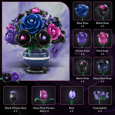 Flowers Botanicals Building Set - Artificial Purple Black Rose Bonsai Plant for Home Decor, 507PCS Artificial Flowers Building Set Indoor Gothic Decoration