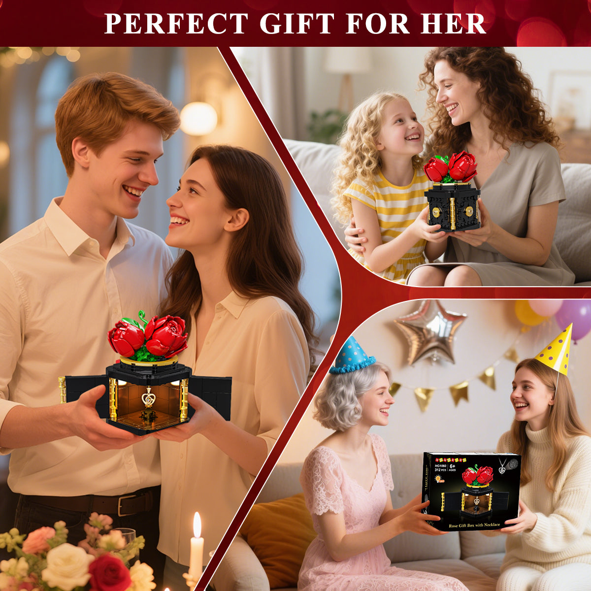 HOGOKIDS Flower Box Building Set with LED Light & Necklace, Preserved Roses with Heart Necklace I Love You Gift(312 PCS)