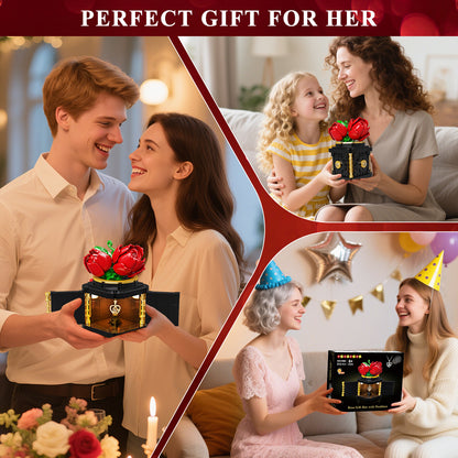 HOGOKIDS Flower Box Building Set with LED Light & Necklace, Preserved Roses with Heart Necklace I Love You Gift(312 PCS)