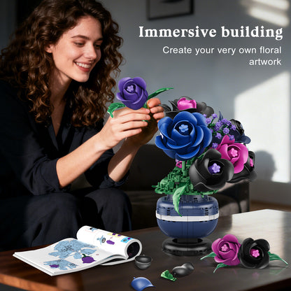 Flowers Botanicals Building Set - Artificial Purple Black Rose Bonsai Plant for Home Decor, 507PCS Artificial Flowers Building Set Indoor Gothic Decoration