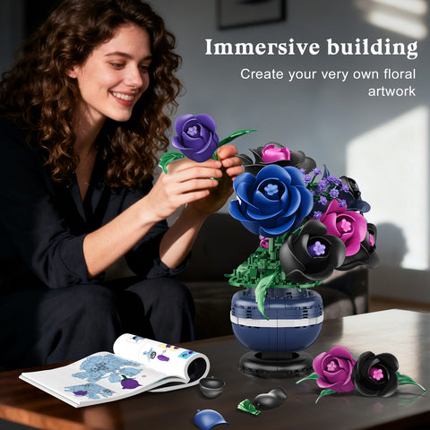 Flowers Botanicals Building Set - Artificial Purple Black Rose Bonsai Plant for Home Decor, 507PCS Artificial Flowers Building Set Indoor Gothic Decoration