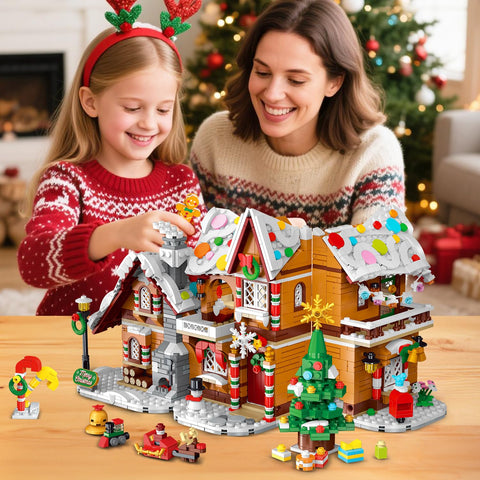 2025 Christmas Castle Village Building Block Toy with Santa Claus Xmas Tree Train，Ages 6+ (1477PCS)
