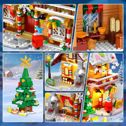 2025 Christmas Castle Village Building Block Toy with Santa Claus Xmas Tree Train，Ages 6+ (1477PCS)