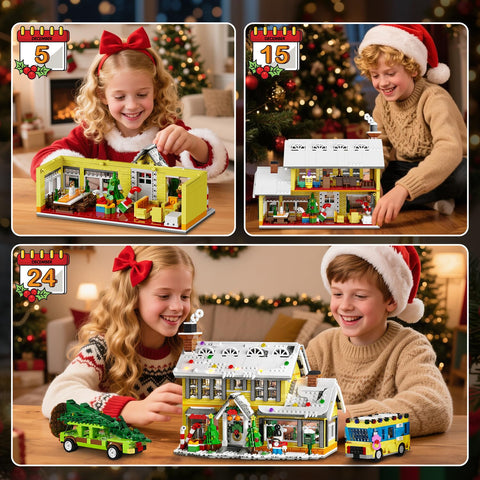 Advent Calendar 2025 Christmas Building Set with Light, 24 Days Christmas Countdown House Mini Building Block Kit，Age 12+