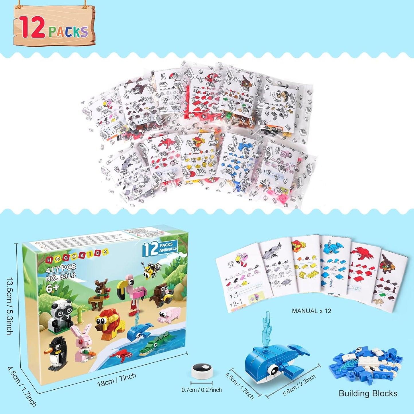 12 Pack Animals Building Blocks Sets for Valentines Day Gifts Party Favors Goodie Bags Classroom Prizes Fillers Stocking Stuffers Birthday Easter Gifts for Boys Girls