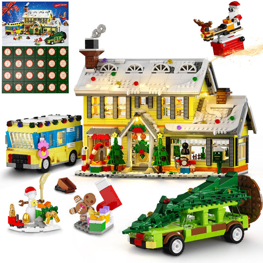 Advent Calendar 2025 Christmas Building Set with Light, 24 Days Christmas Countdown House Mini Building Block Kit，Age 12+