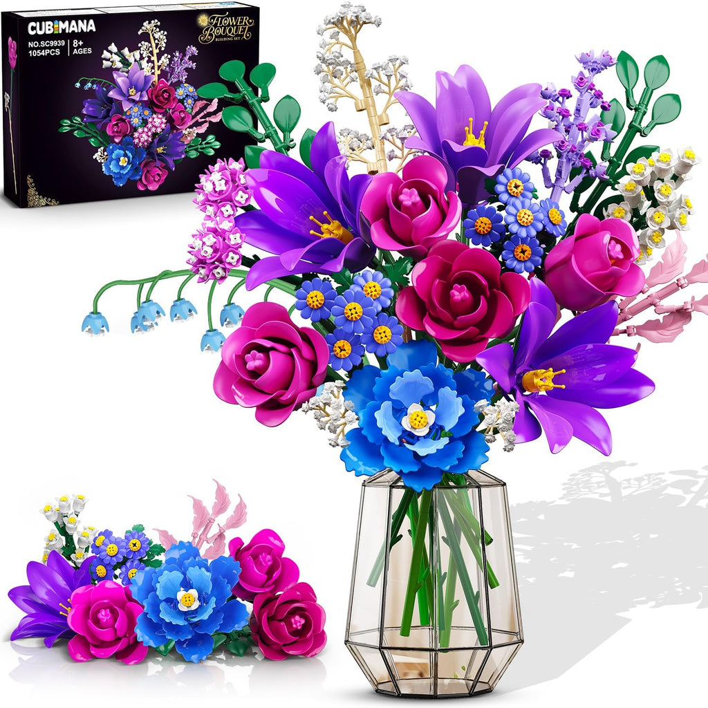Valentines Flowers Bouquet Building Set with LED Light, 21 Flower Botanical Collection Block Toy, Rose Lily Home Plant Decor 1054PCS, 12+ (Purple)