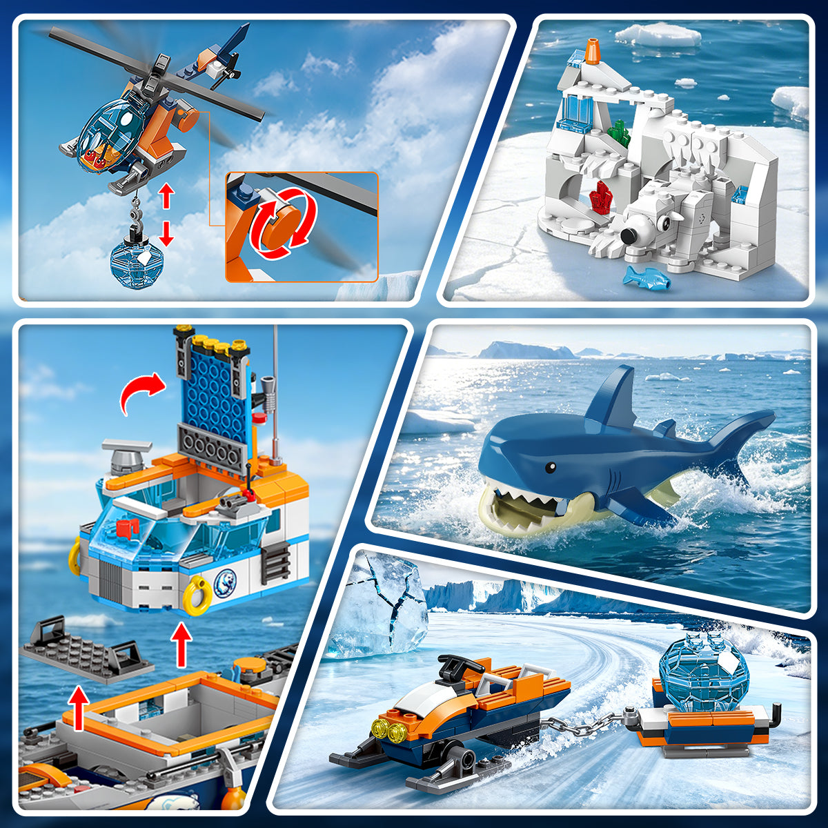 Arctic Icebreaker Ship Building Blocks Set with Helicopter, Boat & Polar Bear