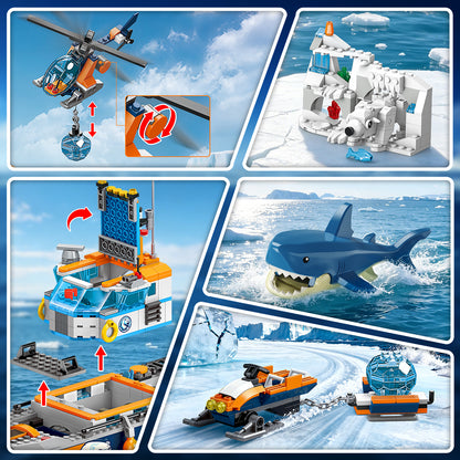 Arctic Icebreaker Ship Building Blocks Set with Helicopter, Boat & Polar Bear