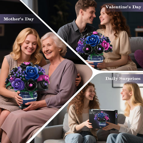 Flowers Botanicals Building Set - Artificial Purple Black Rose Bonsai Plant for Home Decor, 507PCS Artificial Flowers Building Set Indoor Gothic Decoration