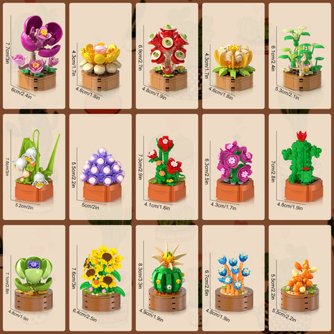 15 Pack Flowers Plants Mini Building Sets - 1314PCS 3.6MM Flower Succulents Botanical Collection for Home Office Décor Block Toy