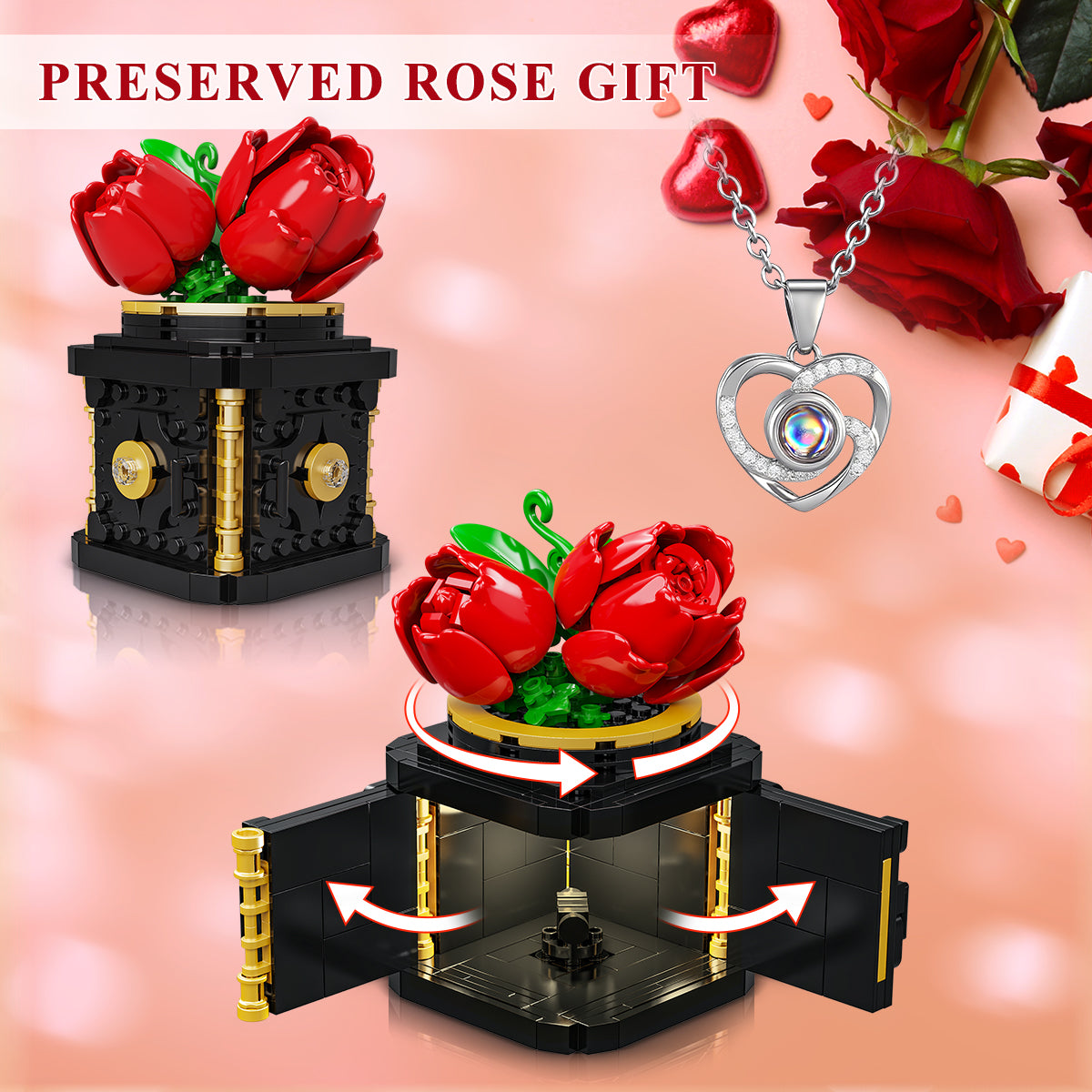 HOGOKIDS Flower Box Building Set with LED Light & Necklace, Preserved Roses with Heart Necklace I Love You Gift(312 PCS)